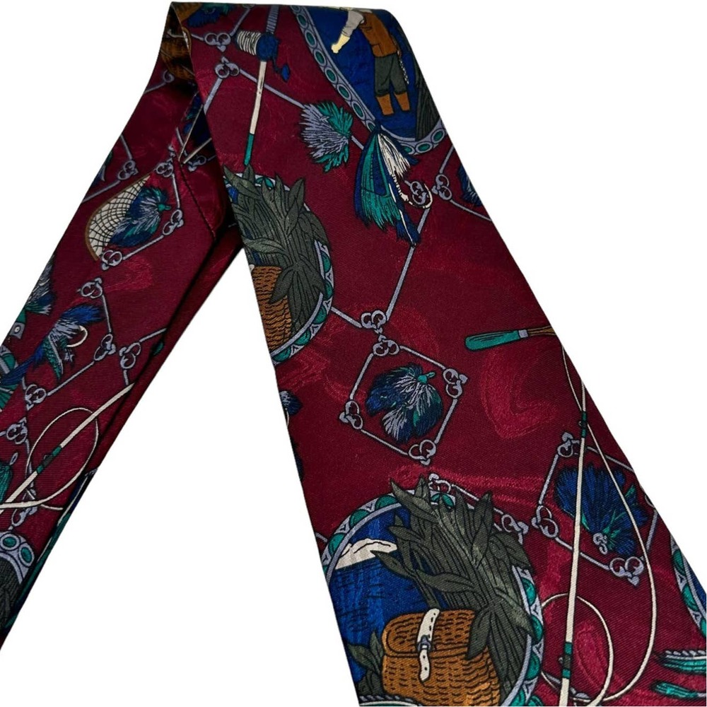 CABRALLI COLLECTION BURGUNDY MULTICOLOR FISHING ALL OVER DESIGN MEN’S TIE